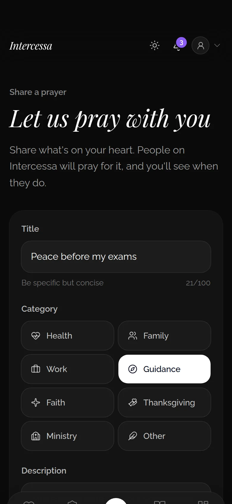 Writing a prayer request in Intercessa