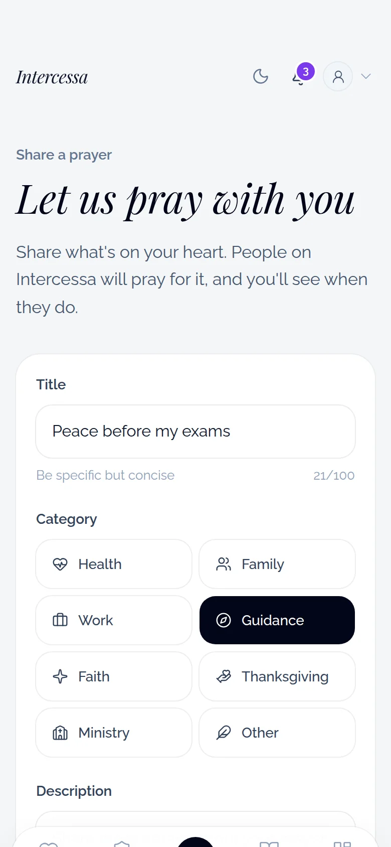 Writing a prayer request in Intercessa