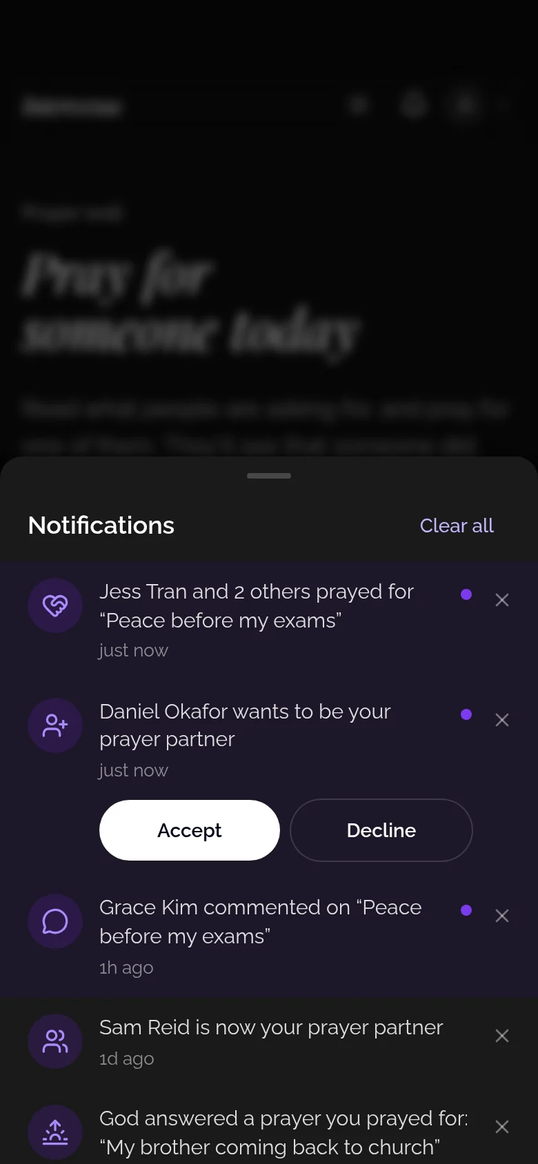 Notifications in Intercessa: friends praying, a prayer partner request and a comment