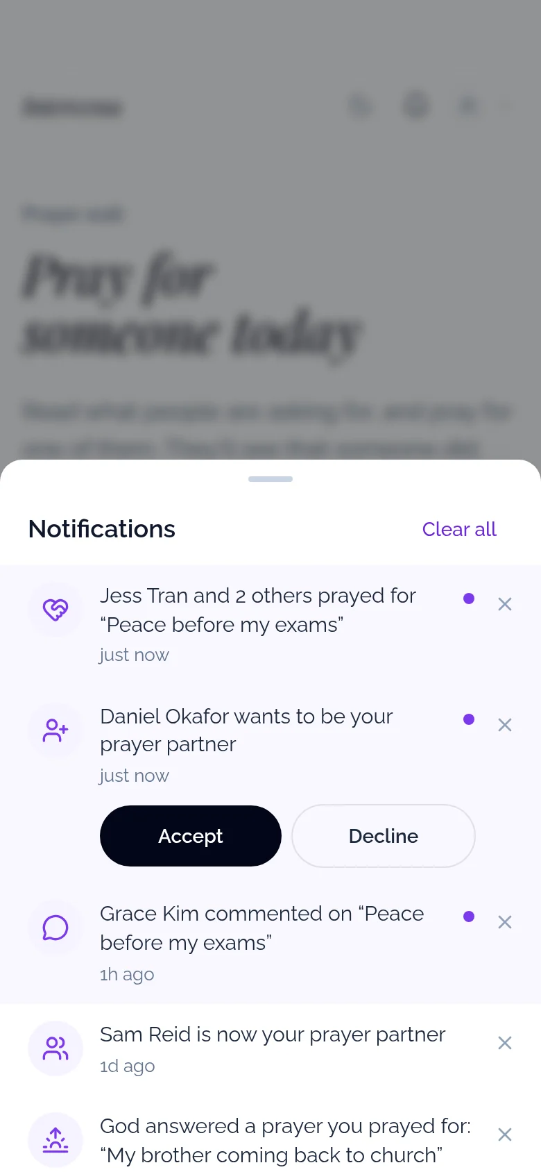 Notifications in Intercessa: friends praying, a prayer partner request and a comment