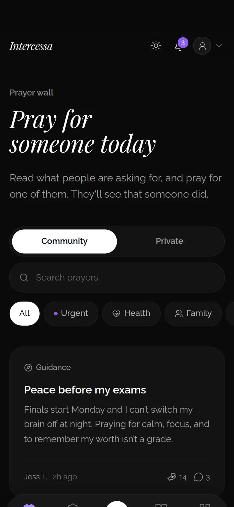 The Intercessa prayer wall on a phone, with prayer requests people have shared