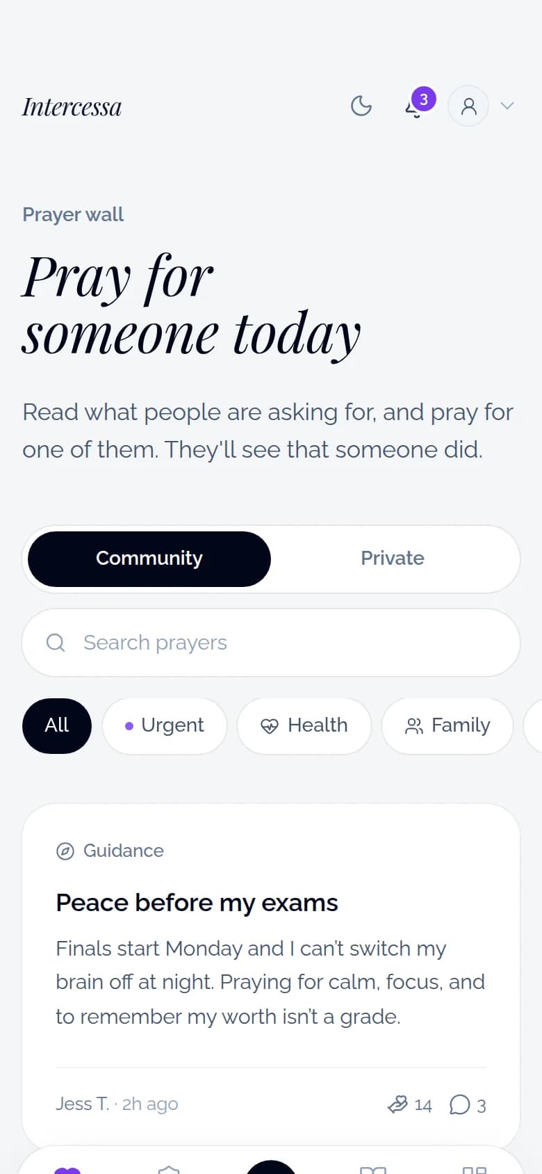 The Intercessa prayer wall on a phone, with prayer requests people have shared